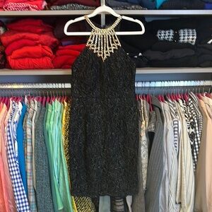 La Scala black/metallic gold jeweled sleeveless back zipper closure dress size S